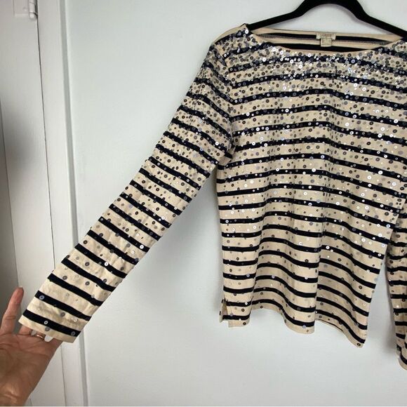 J Crew Cream & Black Striped Sequined Top Coastal Grandma Nautical Preppy Small - Picture 10 of 12